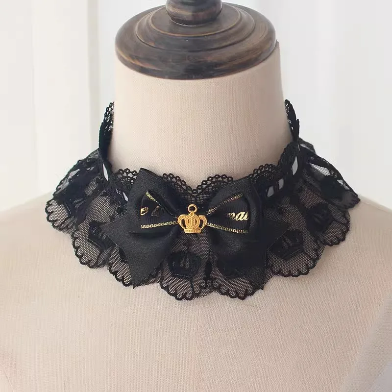 Black Golden Palace Retro Lolita Necklace Tea Party Gorgeous Lace Heavy Duty Neck Chain Dream Bow