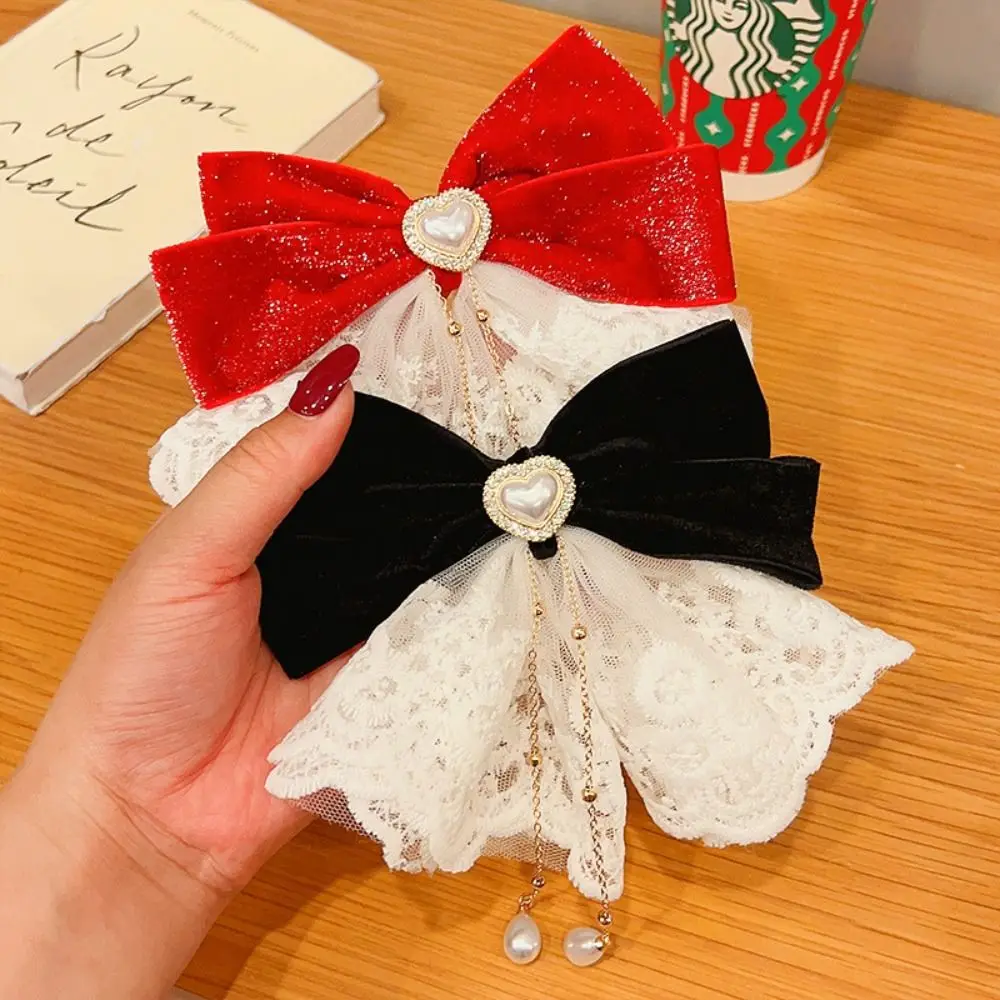 

Chinese Style Children New Year Hairpin Hanfu Headdress Princess Red Bow Hair Clip Lace Hair Accessories New Year Barrettes