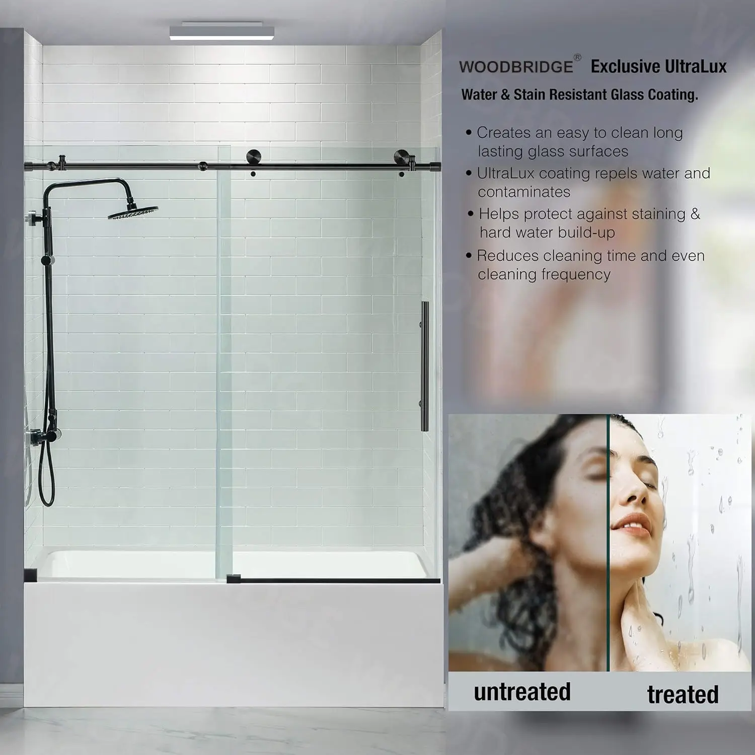 Frameless Bathtub Shower Doors Clear Tempered Glass in Matte Black Finish High quality stainless steel hardware ensure a sleek