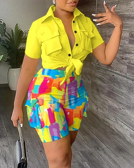 Summer Fashion Print Two Piece Set Women Casual Office Ladies