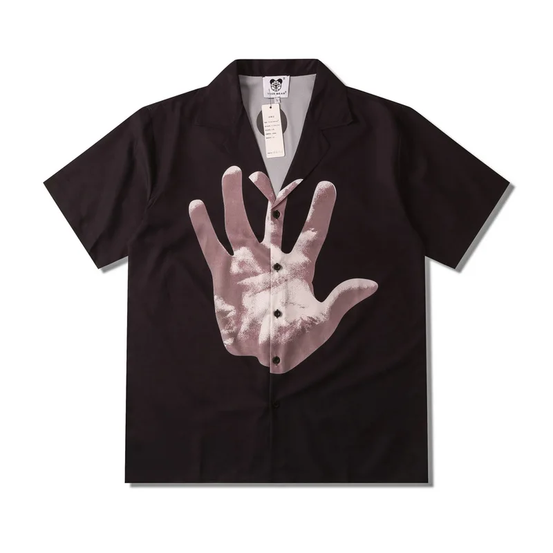 

Summer Men Hip Hop 3D Big Hand Print Black Shirt Fashion Mens Short Sleeve Oversize Hawaiian Beach Harajuku Shirts Chemise Homme
