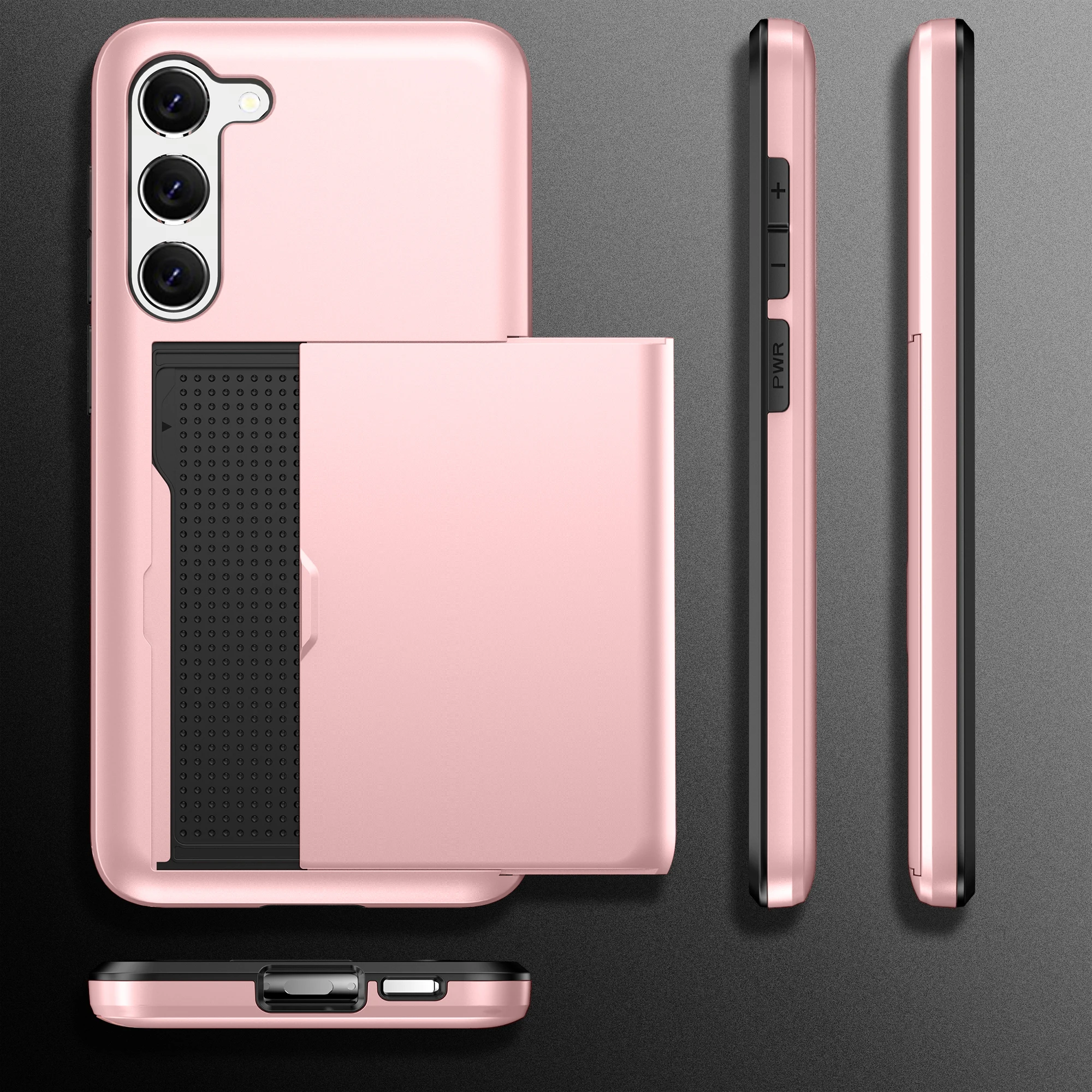 Solid Color Card Holder Slide Slot Hard PC Heavy Duty Protective Phone Case