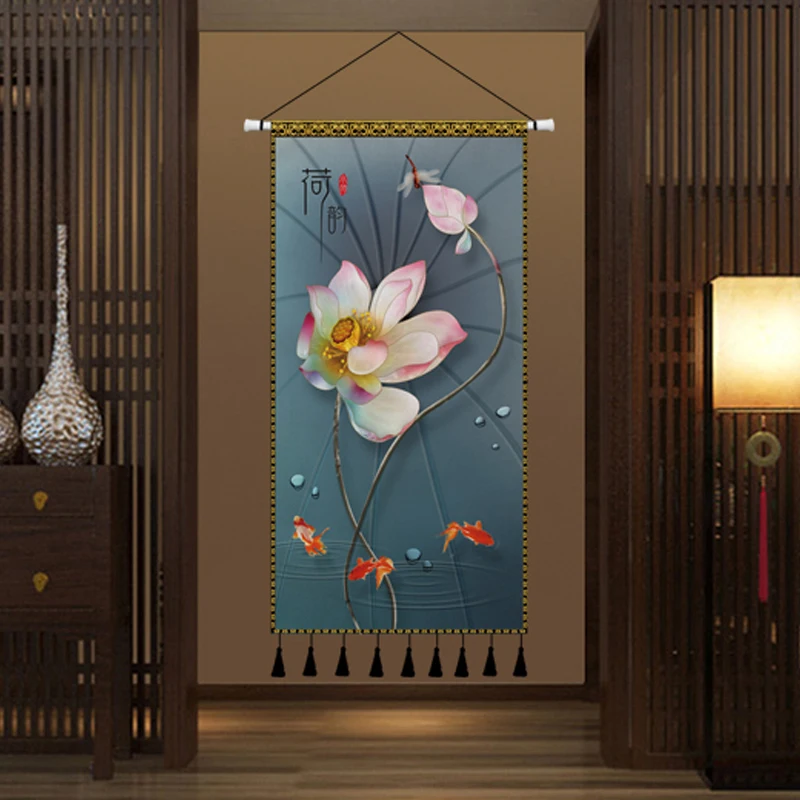 

Chinese Style Painting Lotus Ethnic Fabric Art Hanging Painting Entrance Decor Painting Fabric Bedroom Bedside Wall Tapestry