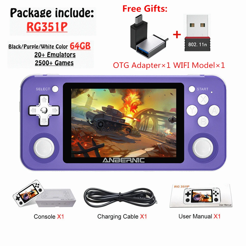 

ANBERNIC RG351P Handheld Game Player 64GB Emuelec Open System PS1 64Bit 2500 Games IPS Screen Portable RG350 Retro Game Console