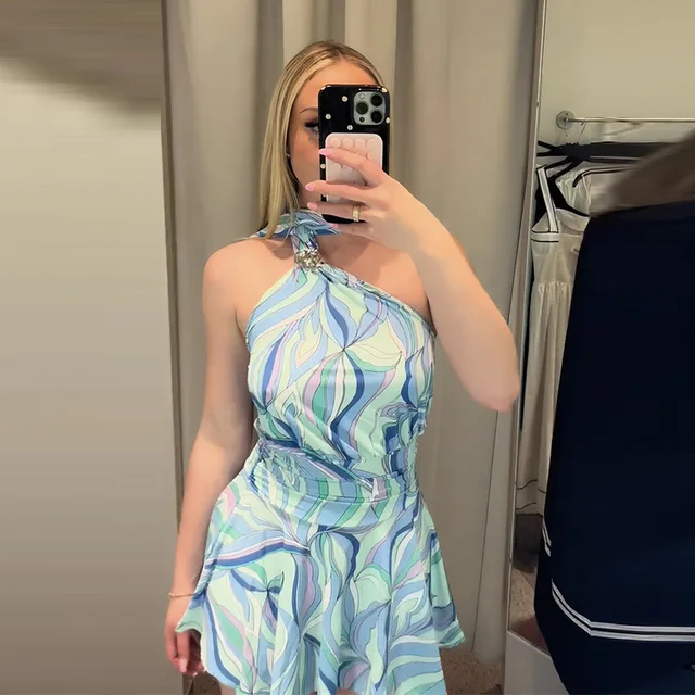 Print Women Dress Backless Mini Dress Halter High Waist Dresses Flared Skirt Hem Waist Shaping Slimming Casual Trendy Street Sty 2