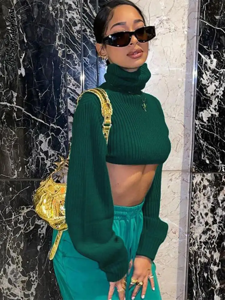 

Укороченный свитер, вязаный Топ, джемпер с длинным рукавом, облегающие зеленые свитера, осенне-зимняя одежда, уличная одежда 90-х годов, пуловеры с высоким воротником