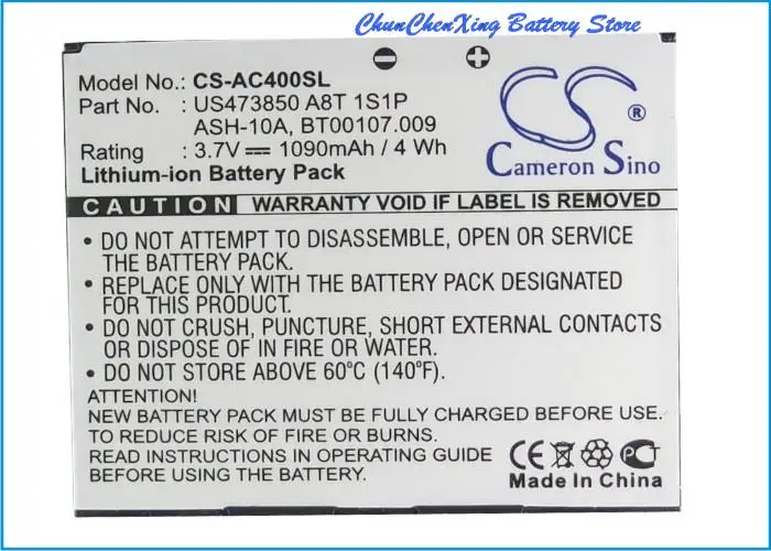 

Cameron Sino High Quality Battery ASH-10A, BT00107.008, BT00107.009 for Acer beTouch E400, beTouch E400B, neoTouch P400