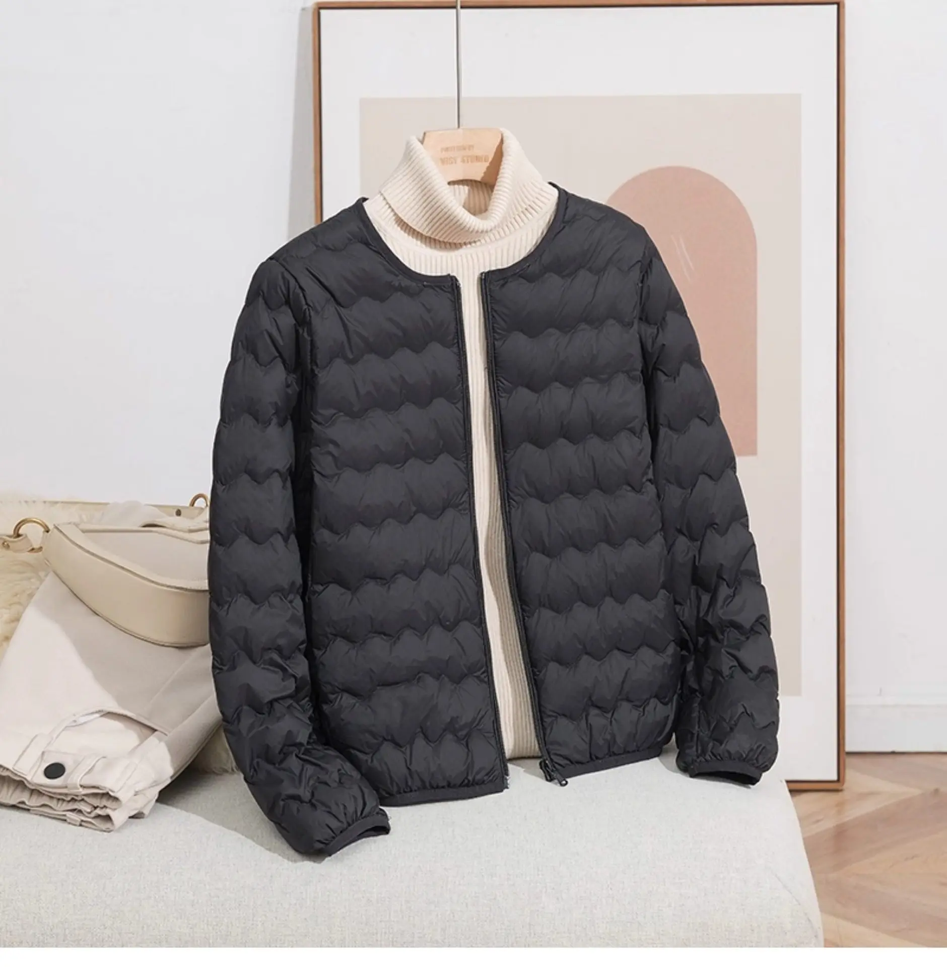 LANMREM Women Crew Neck Lightweight Short Down Jacket Wave Quilted Zipper Closure Portable Inner Wear Puffer Outerwear Coat