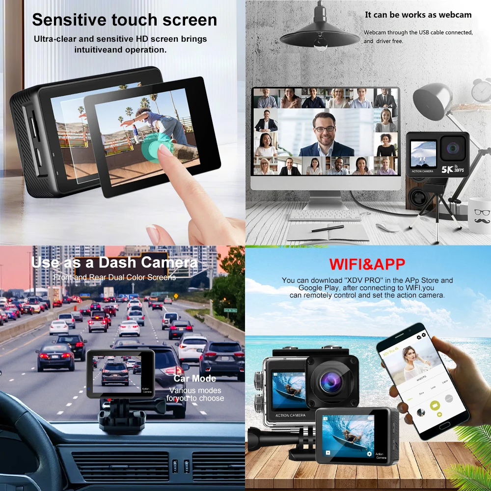 Action Camera 5K 4K60FPS 2.0'' Touch LCD 48MP Anti-Shake DVR WiFi Webcam Dual Screen 170D 30M Waterproof 5X Zoom Sports Camera 3