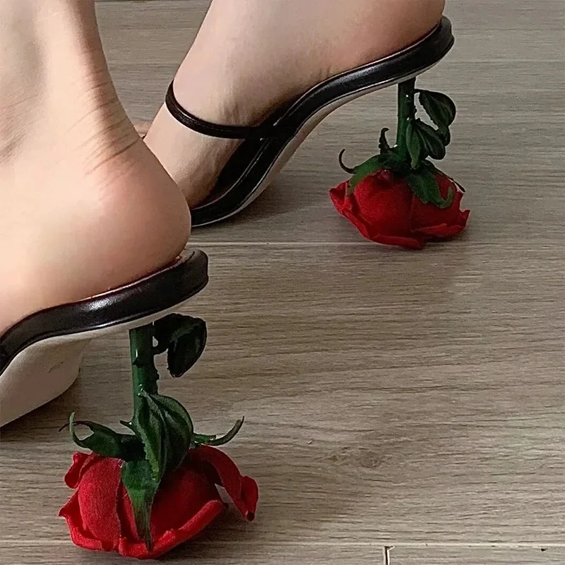 2023 Summer New Open Toe Rose Sandals Square Head High Heel Black Thin Strap Sandals Slippers Sexy Women's Fashion Slippers