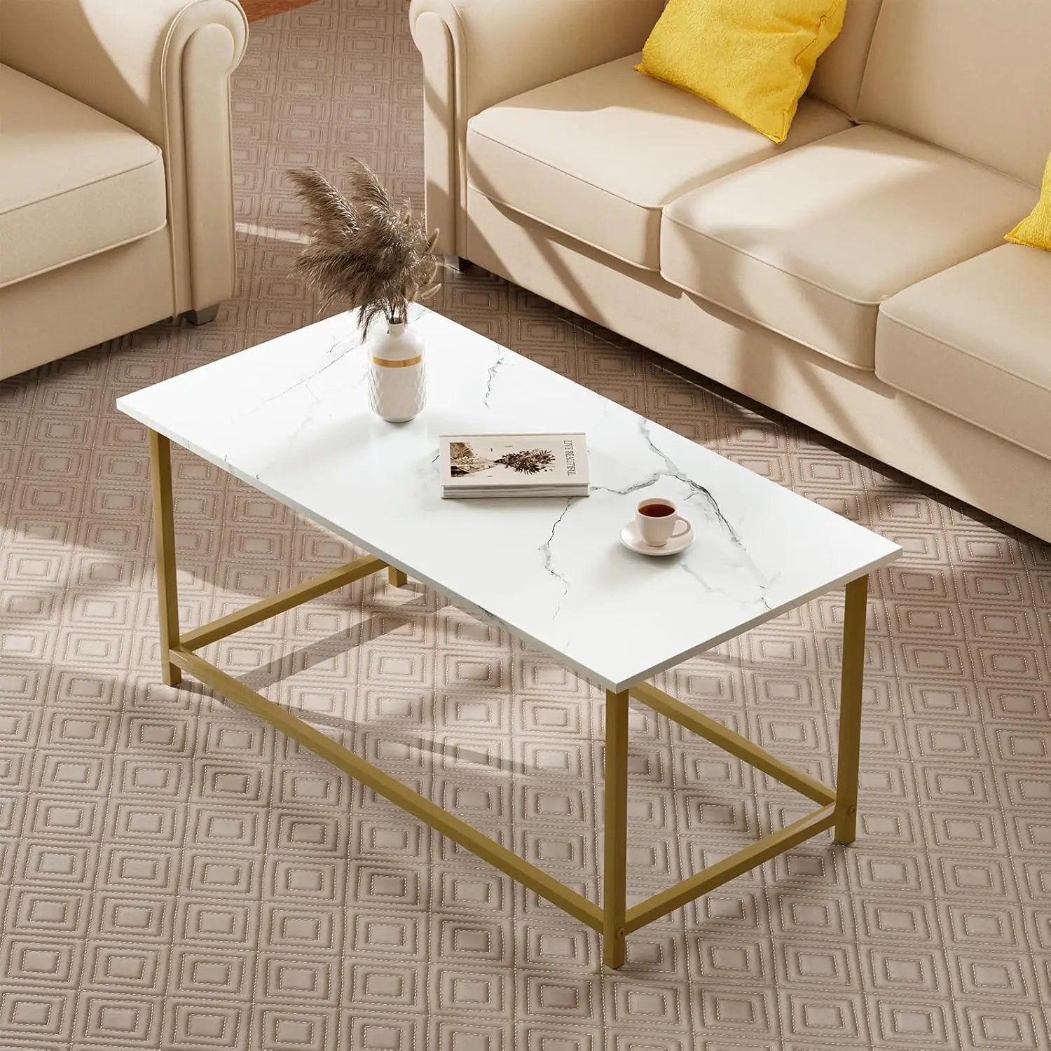White Faux Marble Coffee Table Simple Modern Rectangular Coffee Tables Open Design Minimalist Center Table for Living Room 6