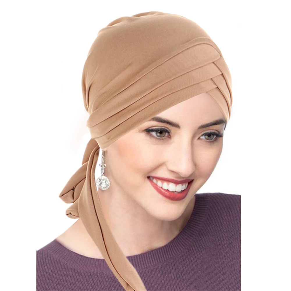 Women Stylish Pre-Tied Turban Chemo Cap Muslim Hijab Inner Cap Beanies Bonnet Long Tail Headscarf Hat Headwrap Caps Accessories