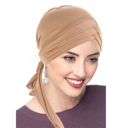 Women Stylish Pre-Tied Turban Chemo Cap Muslim Hijab Inner Cap Beanies Bonnet Long Tail Headscarf Hat Headwrap Caps Accessories