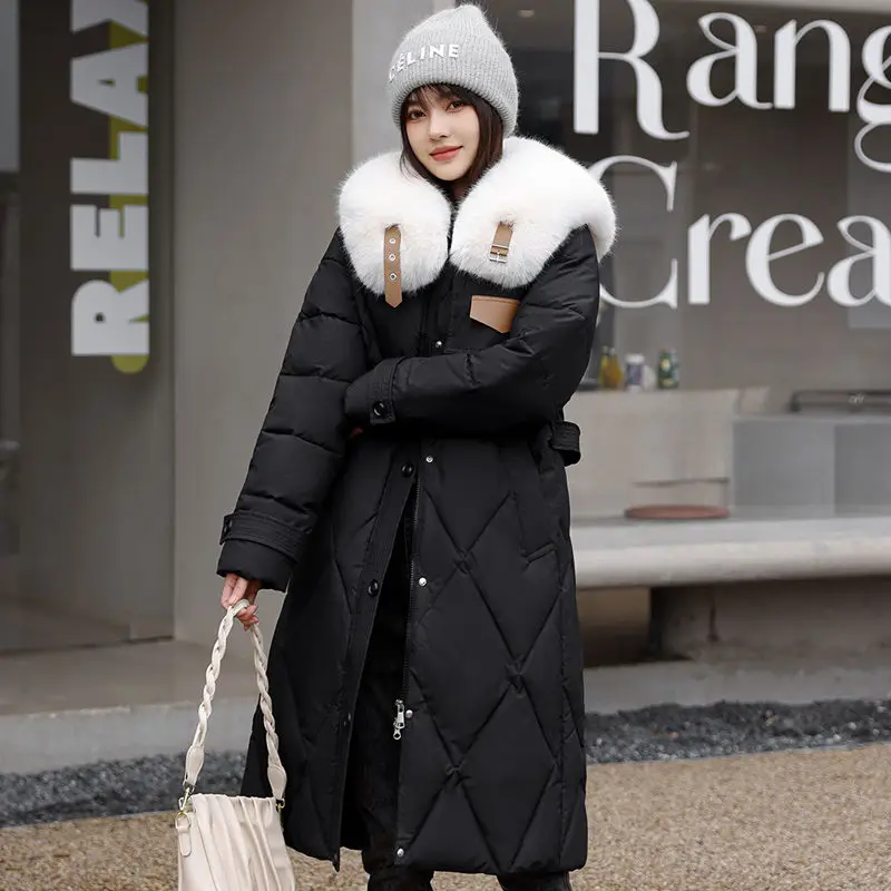 Fur Collar Long Parka Winter Coat Women 2023 New Long Sleeve Belt Jacket Outerwear Warm Thickened Casual Coats