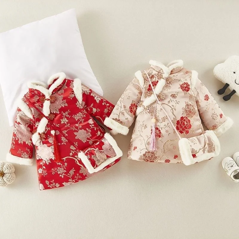 Girls' Cheongsam Chinese New Year's Qipao Celebration Baby Dress Style Tang Style Winter Soft Cotton Thickened for Warmth chinese dress