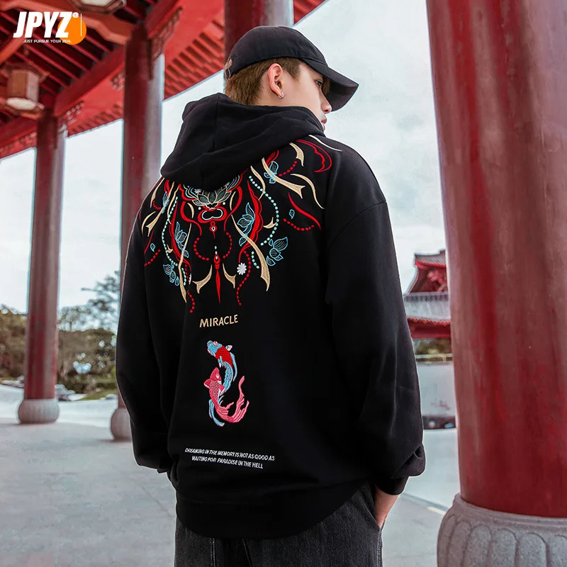 Spring autumn embroidered koi hooded hoodie men fashion casual loose sweater phoenix hip hop clothes large skateboarding hoodies