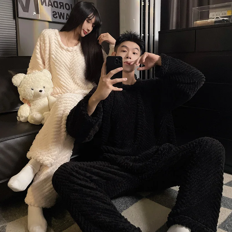 Couple's Long Plush Sleepwear Casual Home Clothes Outerwear Autumn Winter Thickened Home Clothes Set Cool Breathable round Ne...