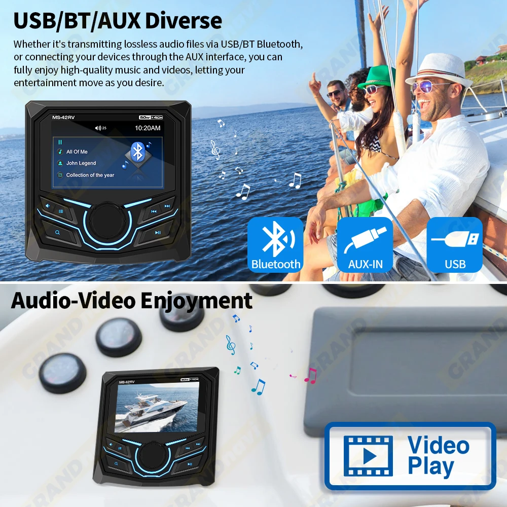 Marine Radio MP5 Player Boat Stereo For Yacht RV ATV UTV Golf Cart FM AM Digital Media Audio Bluetooth IPX5 Waterproof