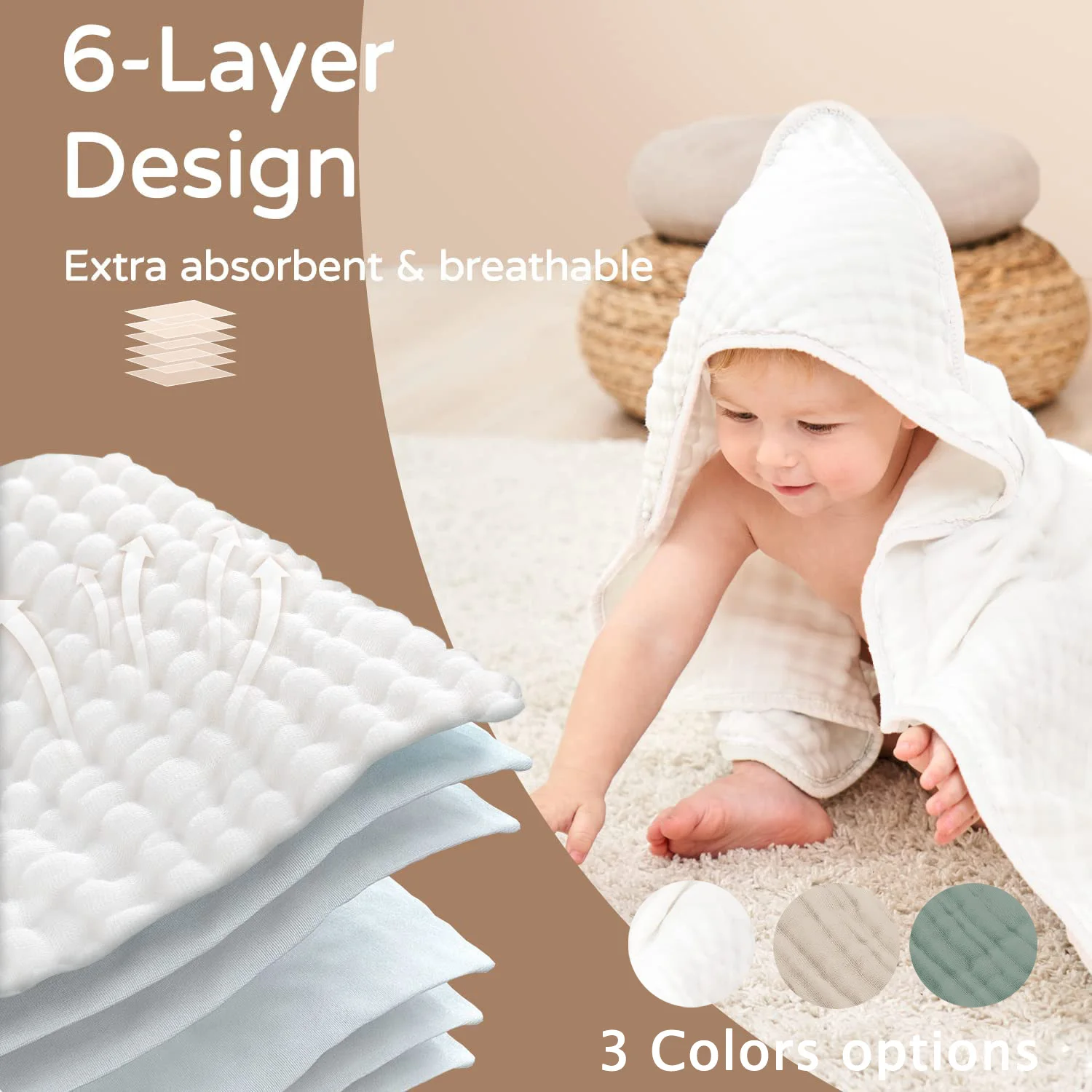 2pcs Baby Bath Hooded Towels 35*35inch Muslin Cotton Newborn Hooded Towel with Hood for Babies Infant Toddler and Kids