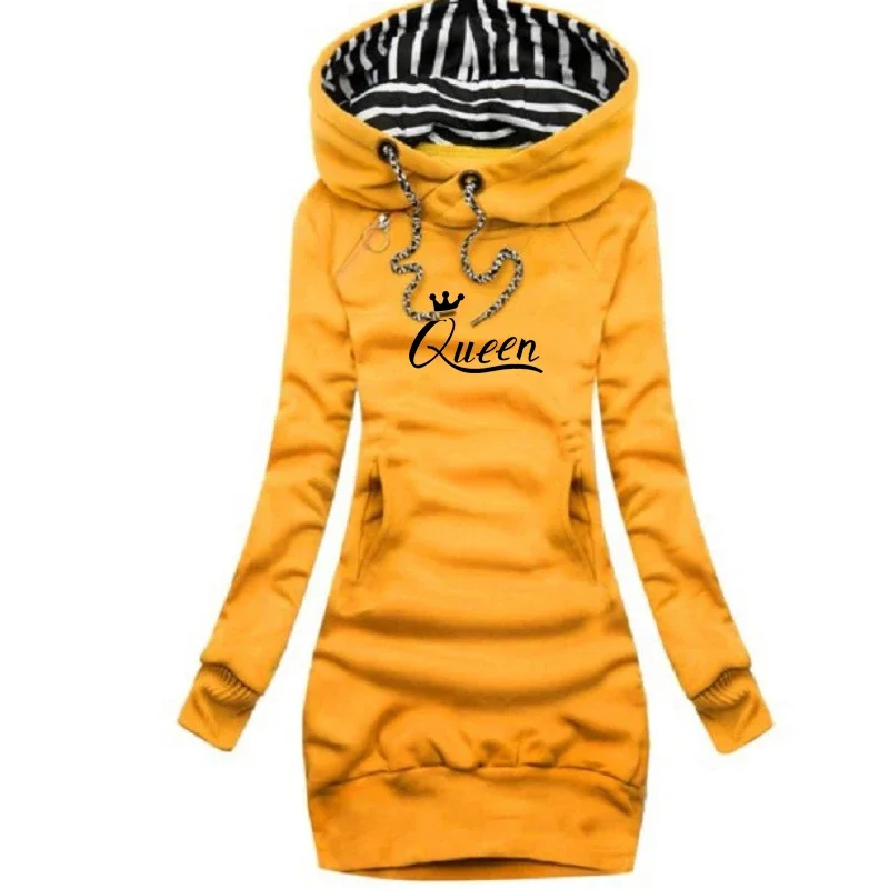 

Women Queen Printed Hoodie Dress Autumn Long Sleeve Hooded Dress Winter Casual Fashion Pullover Warm Sweatshirt Female Clothing