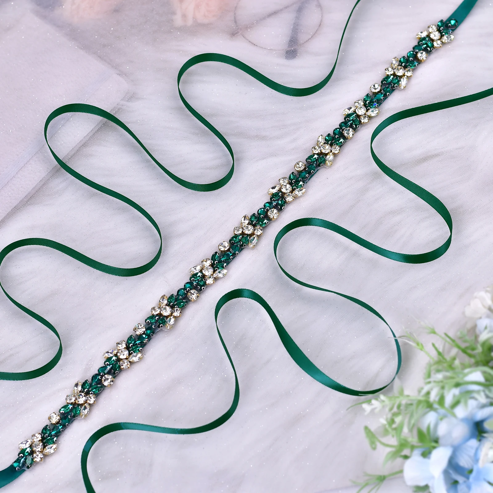 Bridal Sash Green Rose Rhinestone Wedding Belt, Bridal Dress Decoration Gorgeous Accessory for Women's Wedding Day S437