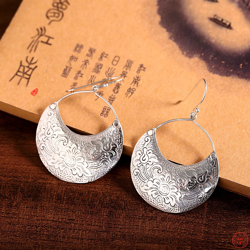 

S925 Sterling Silver Earring 2022 New Fashion Retro Flower Totem Half Moon Ear Drop Pure Argentum Jewelry for Women Lover