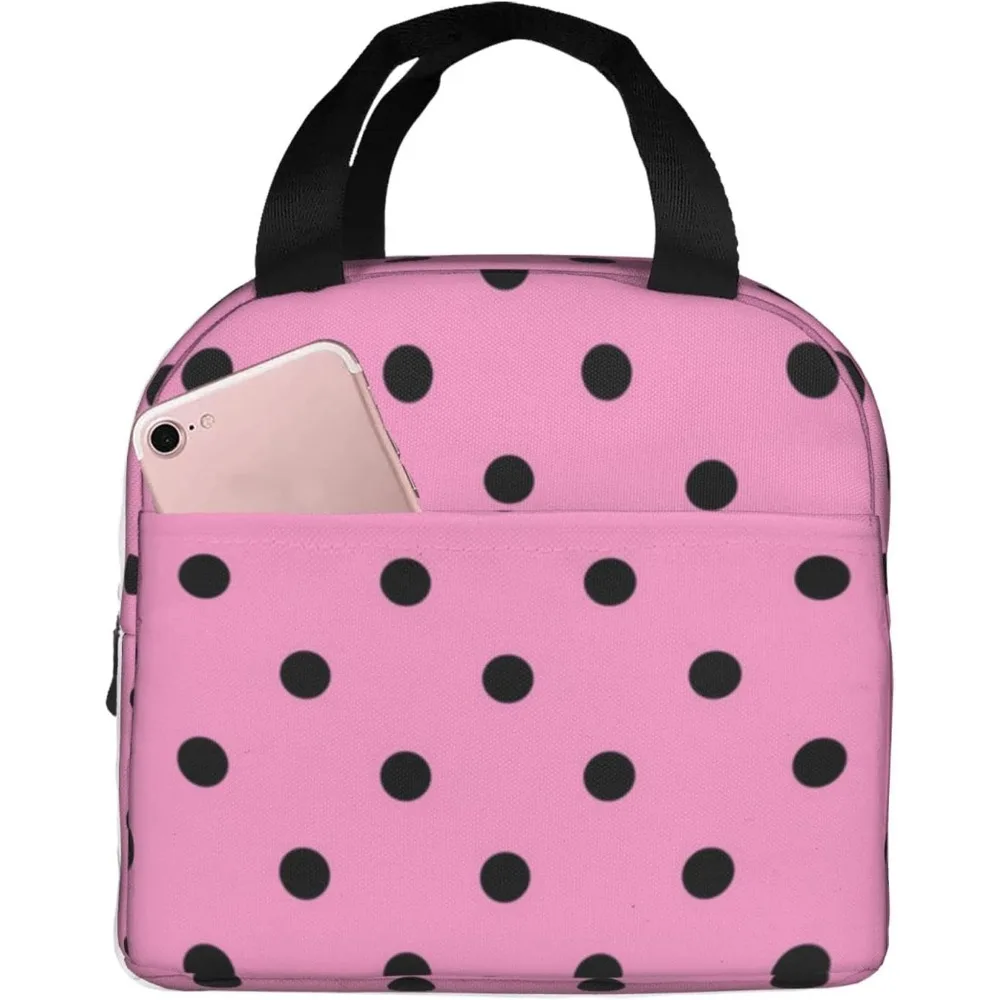 

Black Point Pink Lunch Bag Insulated Lunch Box Colorful Dots Reusable Lunch Cooler Bag for Office Picnic for Women Men
