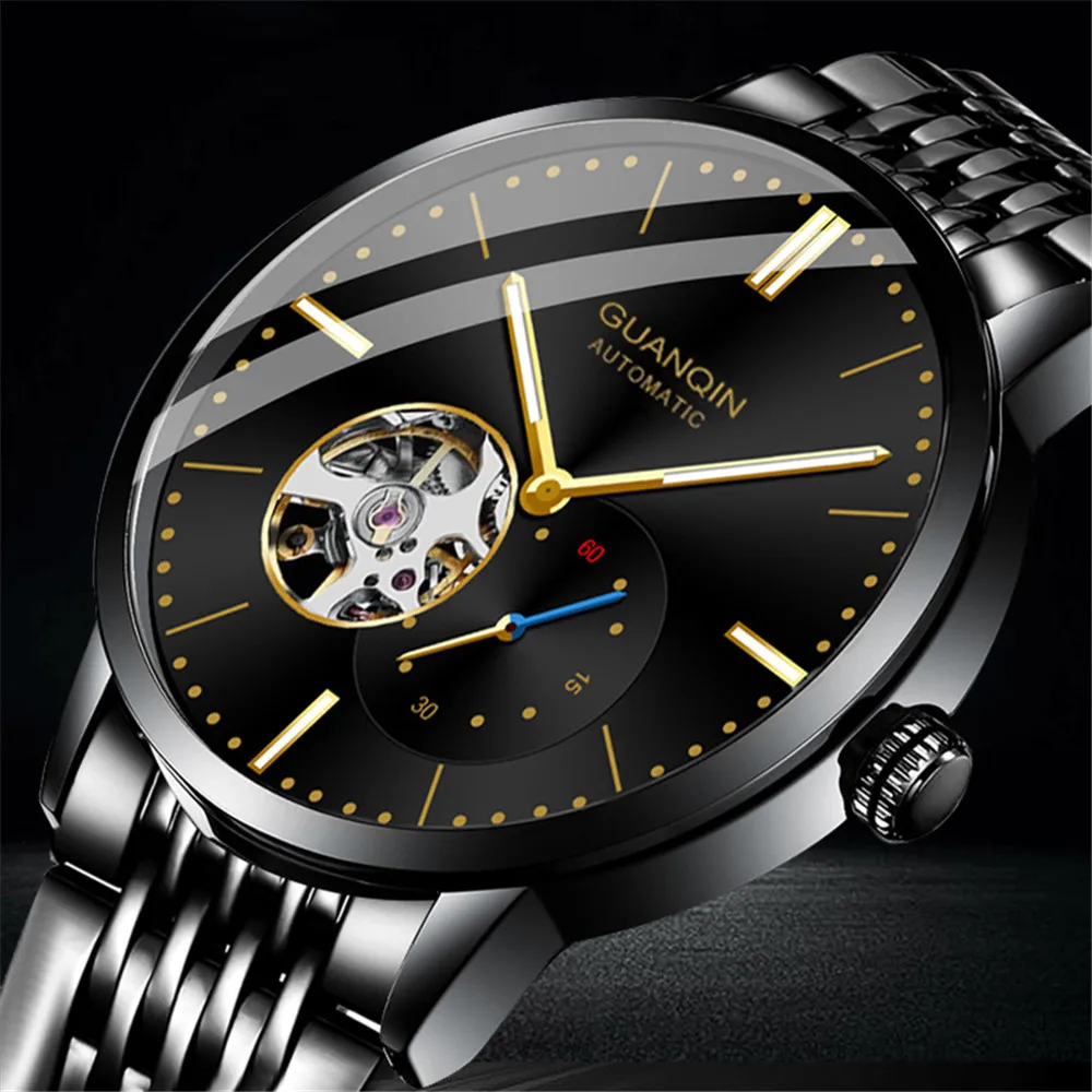 Orologio da polso da uomo GUANQIN con scheletro automatico, meccanico, a carica automatica, in acciaio inossidabile, luminoso, stile vintage, con zaffiro e impermeabile_voghion.com