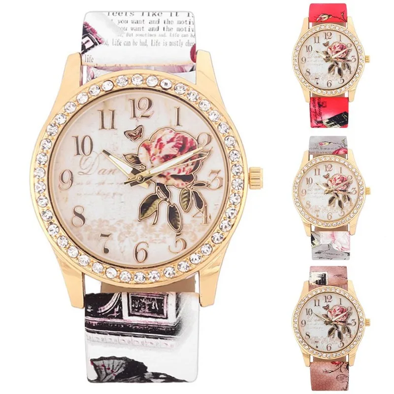 

Fashion Ladies Watches Women Printed Flower Watch Luxury Casual Quartz Leather Wrist Watch Fashion Female Dress Clocks Relogio