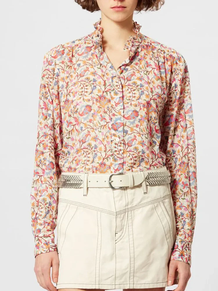 

Women Blouse Floral Print Ruffled Collar Long Sleeve Single Breasted Vintage Early Autumn 2023 Shirt