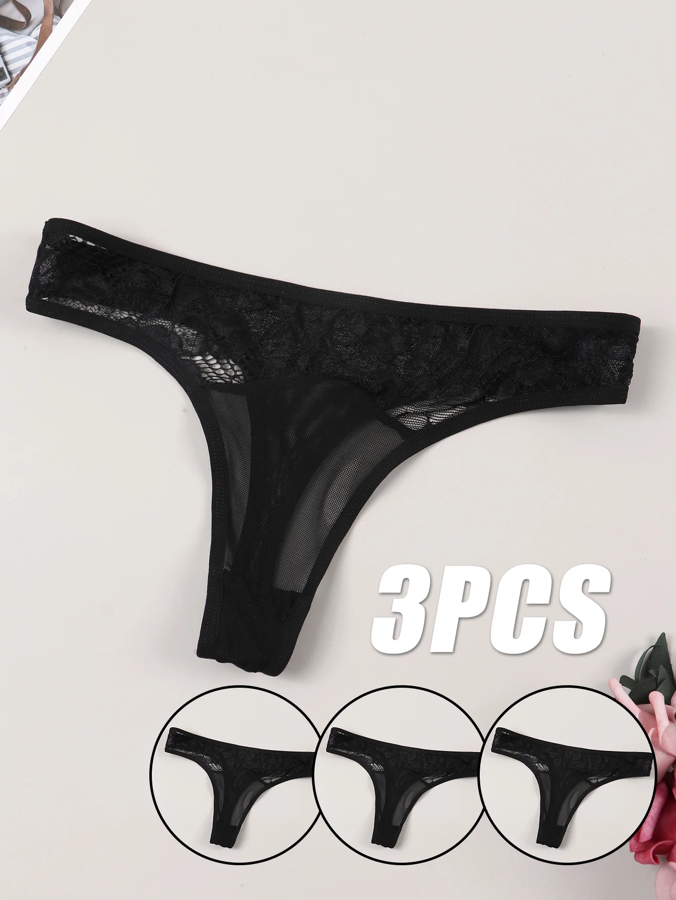 Varsbaby Women Sexy G-strings 3pcs Panties Low Waist Brief Red Black Underwear Set