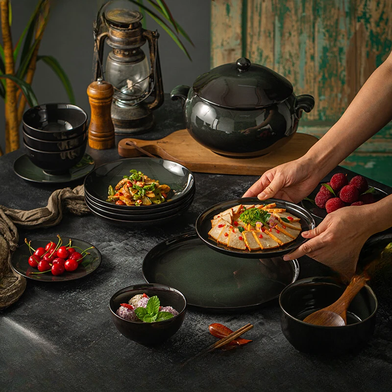

Japanese retro dish set, zen handmade tableware, bowls, chopsticks, kiln, ceramic rice bowls, plates, large soup bowls, home use