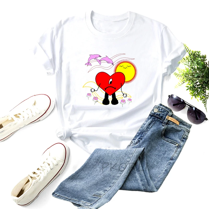 

Новинка, популярная Футболка с принтом плохого кролика, грустного сердца, летняя футболка с графическим принтом, футболки с изображением ко Дню Святого Валентина