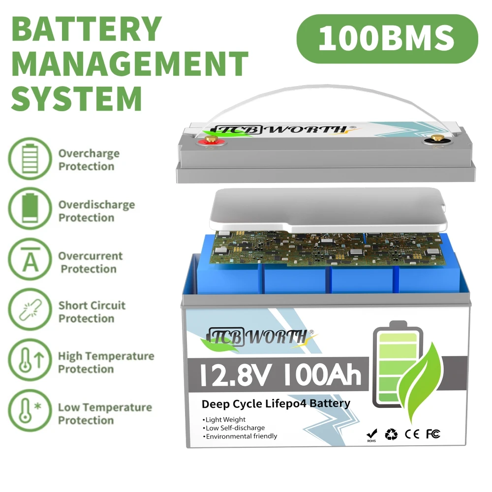 Marine Battery 12V 100Ah 6AH LiFePO4 Battery Lithium With BMS 1280Wh 6000+ Deep Cycle For Boat Kayak Trolling Motor RV