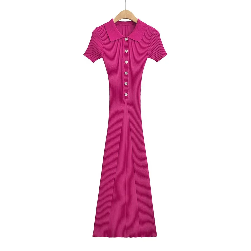 Ribbed High Waist Slim Maxi Dress For Women Knitwear Lapel Casual Elegant Party Dress Gown Fashion Short Sleeve Knit Dress