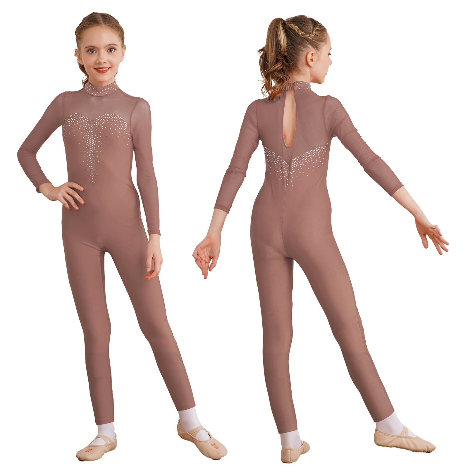 

Kids Girls Ballet Gymnastics Leotards Figure Skating Dance Performance Costume Long Sleeve Shiny Rhinestone Sheer Mesh Jumpsuit