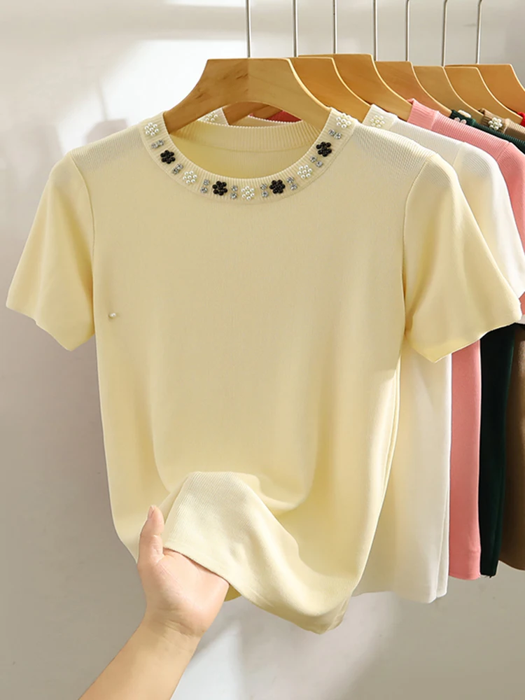 

Женская трикотажная футболка без рукавов, однотонная Повседневная тонкая кофта белого и черного цвета с бисером, Y2K, лето 2024