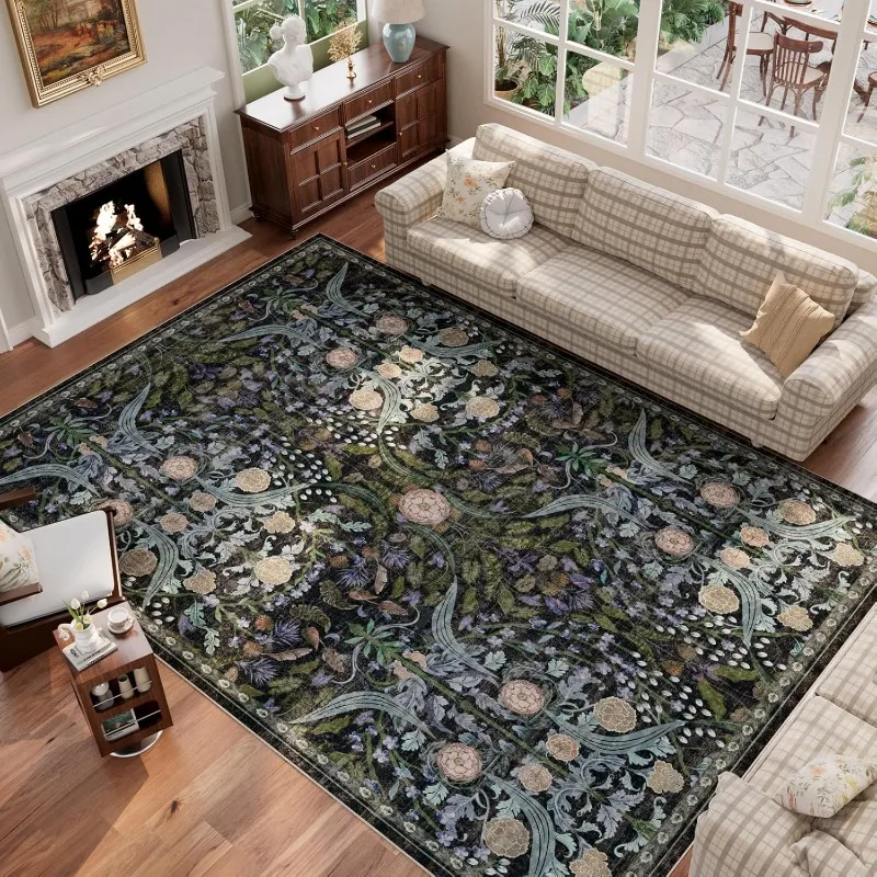 Floral Living Room Carpet European Retro Luxury Bedroom Rug Machine Washable Foldable Non-Slip Home Decoration Cloackroom Mat 러그