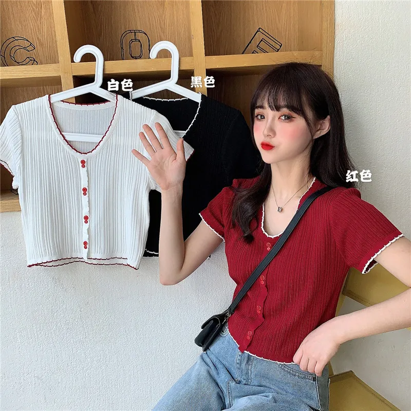 

Make firm offers new U ~ spring collar short sleeve knit brief paragraph female navel coat