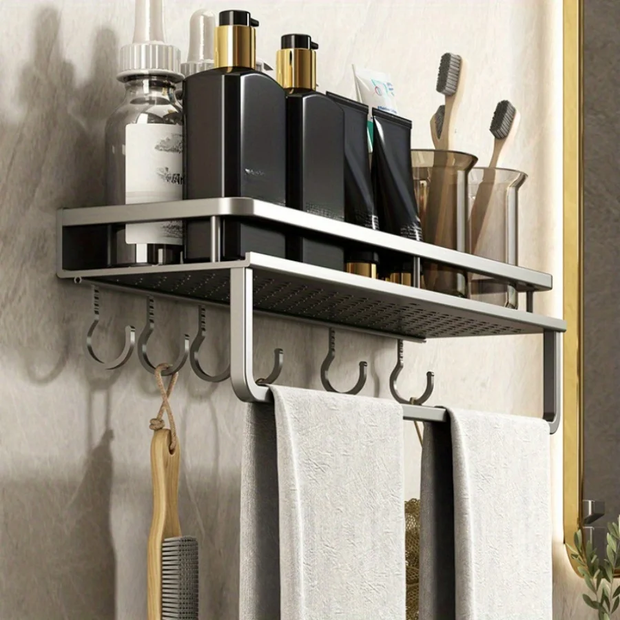 1 Multifunctional Bathroom Storage Rack Shower Storage Rack Wall-Mounted Towel And Bathrobe Hooks Shelf Storage