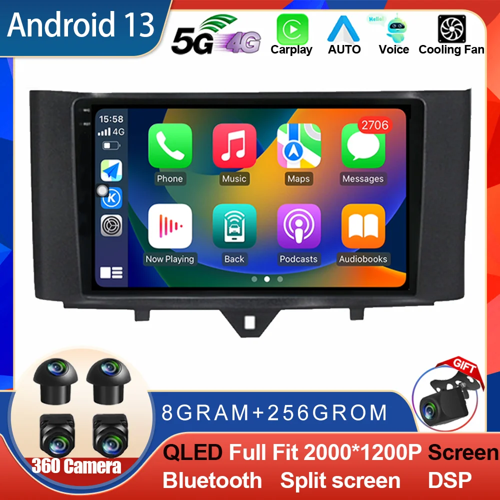 Hodozzy Autoradio Android 13 Per Smart Fortwo 451 2005-2010 – 9 Pollici Touch IPS – 4+64GB – Carplay Wireless – GPS – DSP - 3