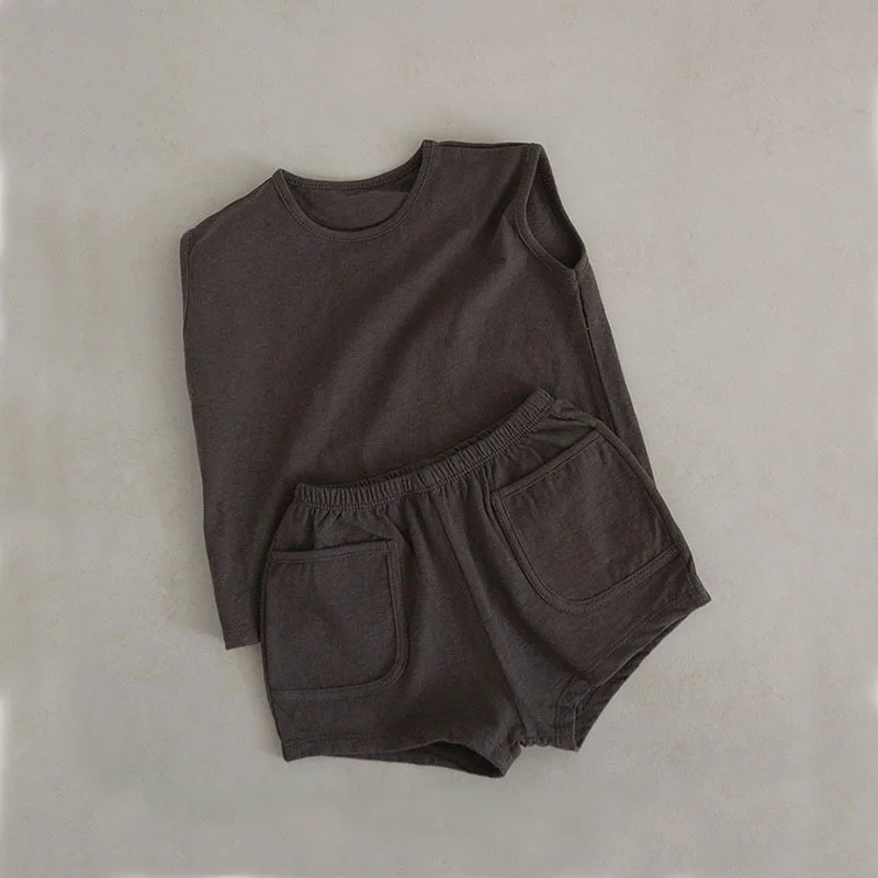 Summer Baby Boys Tank Top Tees Shorts Set 100% Cotton Solid Vest Shorts Toddler Two Pieces Sets 5