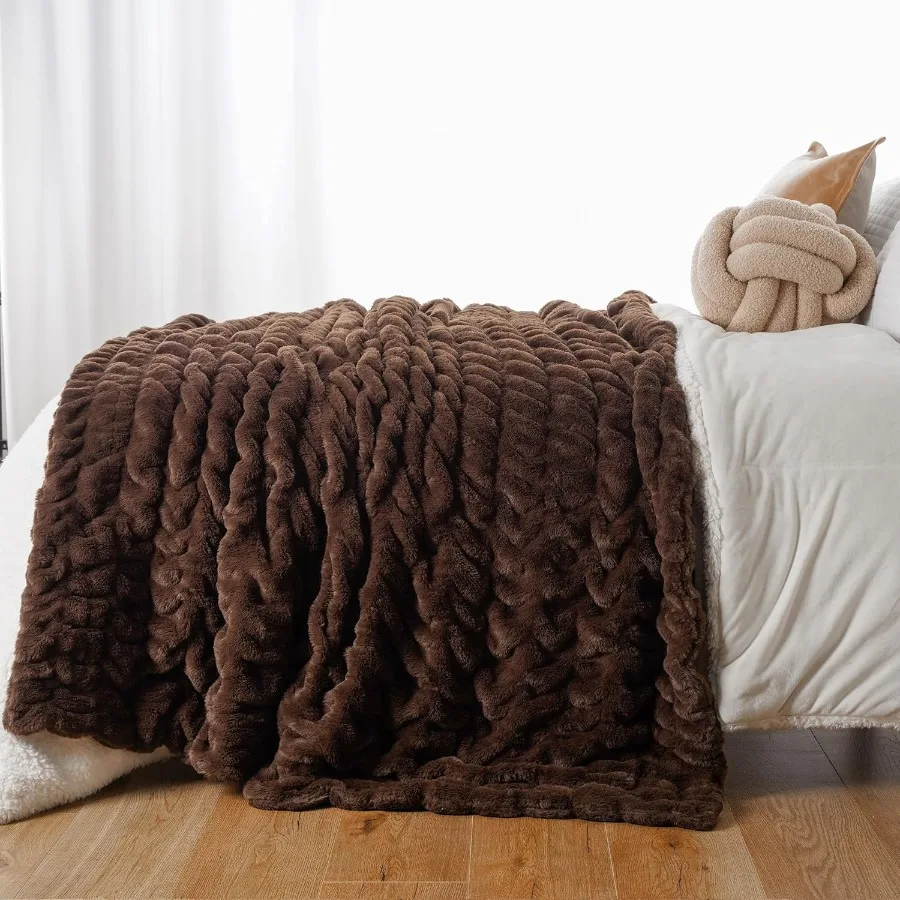 Rust Brown Faux Fur Throw Blanket Large Double Sided Reversible Ruched Rabbit Fur Blanket for Bed Couch 60x80 Inches Soft Warm