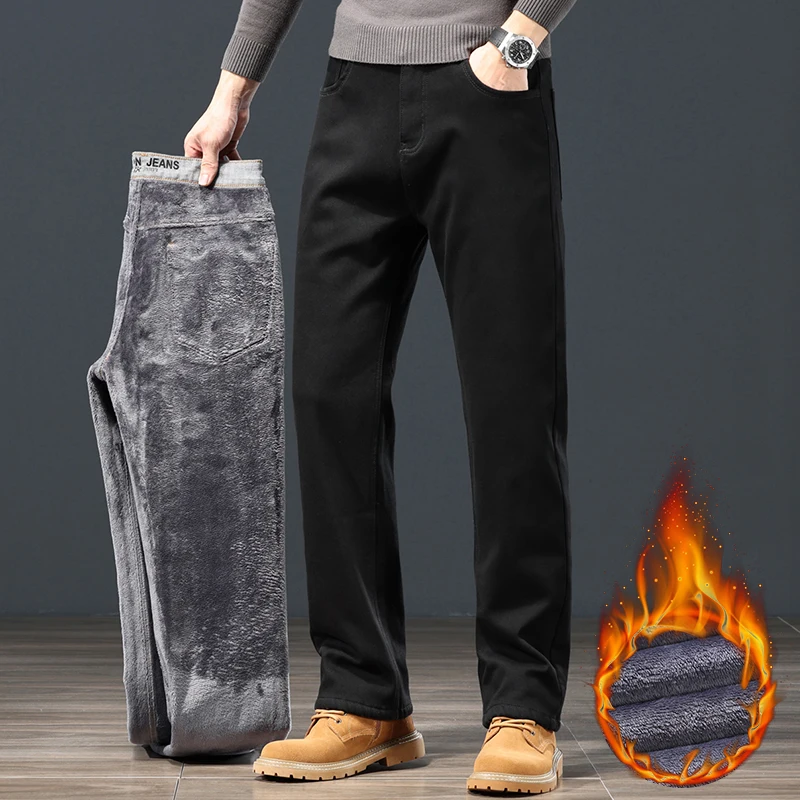 Winter Warm Fleece Men Jeans Loose Straight Thickened Velvet Trousers Black Classic Stretch Casual Thermal Pants Plus Size 28 44 2