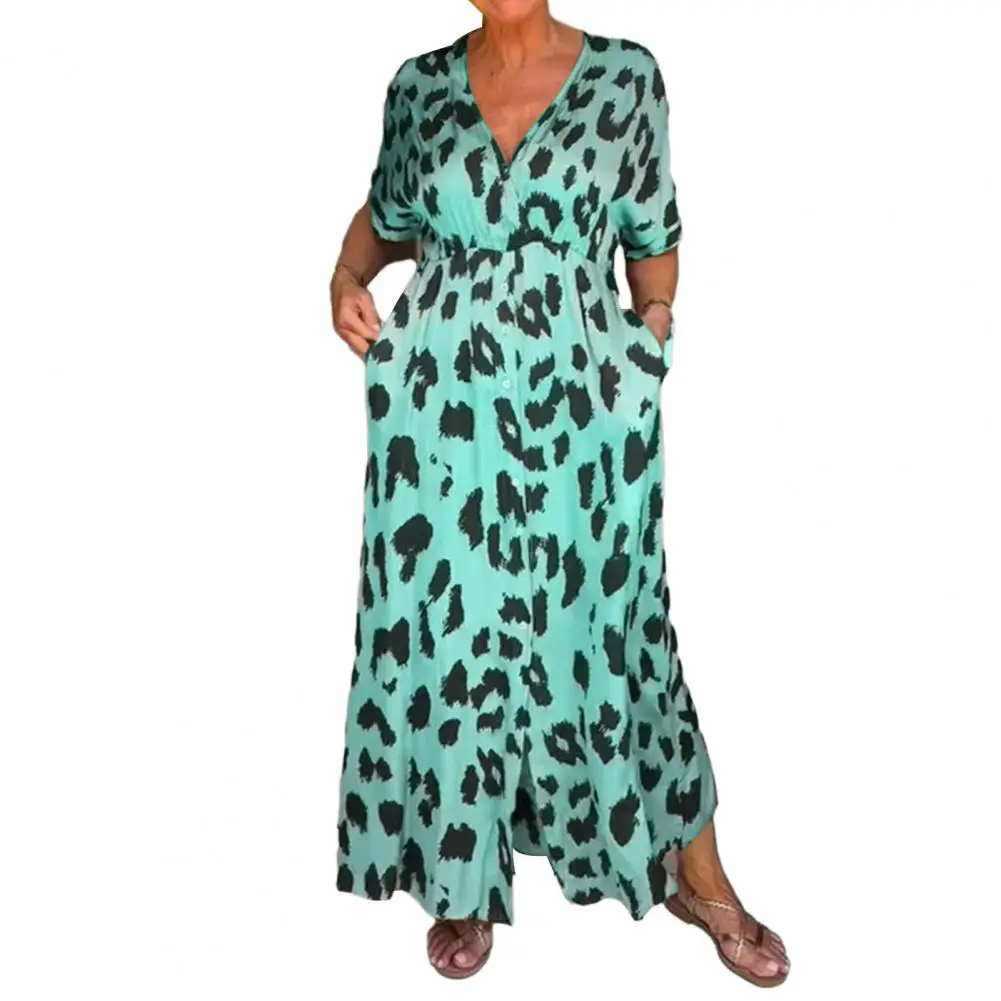 

2023 New Women Split Hem Dress Leopard Print V Neck With Pockets Korean Fashion Formal Dress