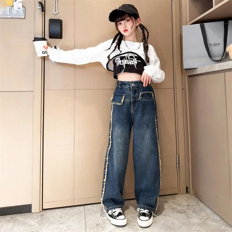 autumn Girls hole jeans+belt pantalon fille jean large fille 12 ans cotton  black top t-shirt kids clothes kids trousers - AliExpress