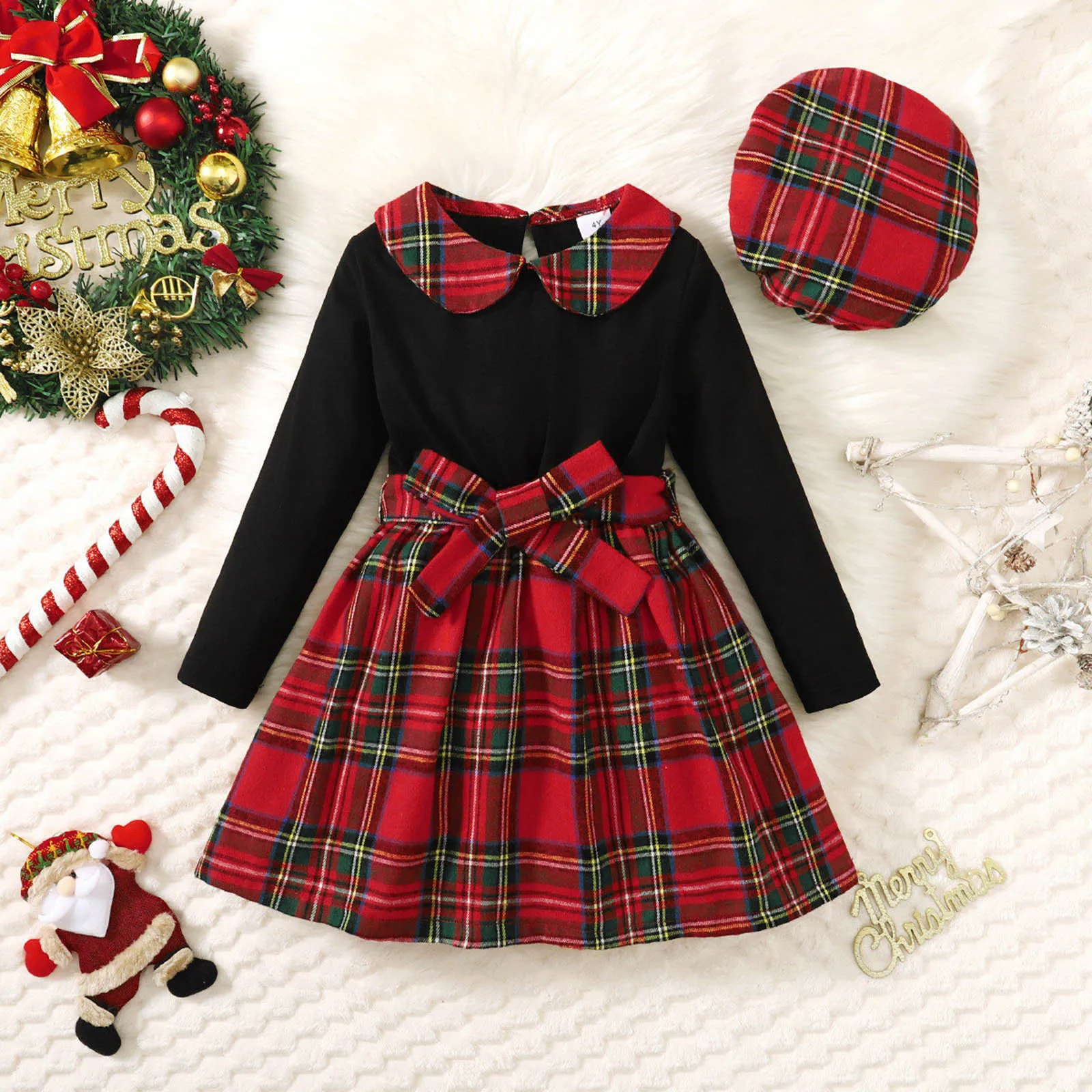

Kid Toddler Baby Girl Christmas Outfits Ruffle Red Plaid Dress Princess Dress Fall Winter Hat Outfits Xmas Vestido