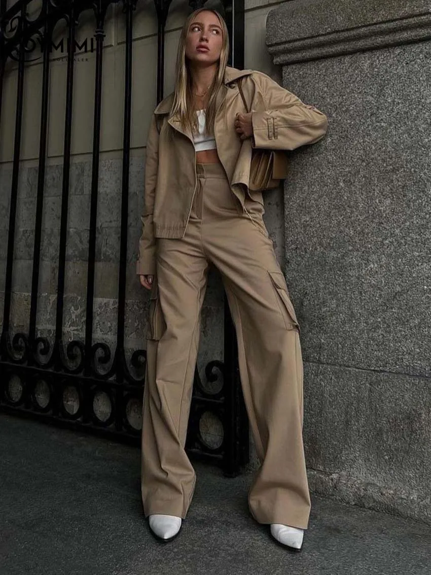 Oymimi Elegant Khaki 2 Piece Sets Women Outfit Fashion Long Sleeve Button Shirt And High Waist Pockets Sweatpants Set Streetwear high waist big pockets baggy denim pants vintage khaki wide leg cargo jeans casual oversized trousers street sweatpants 2022