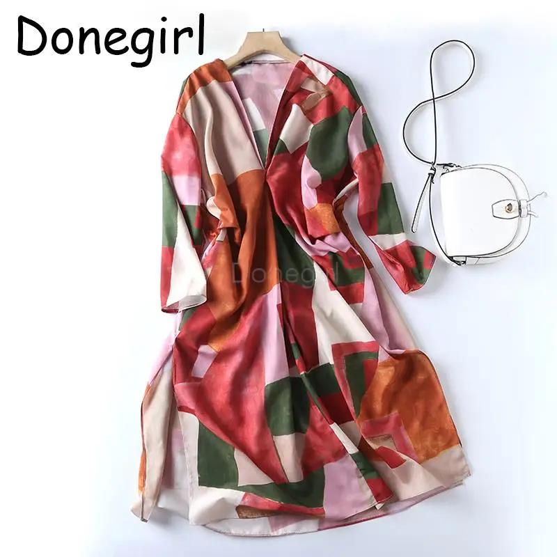 

Donegirl 2023Fashion Women Spring Summer V-neck Graffiti Printed Dolman Sleeve Slit Dresses Loose Elegant Casual Midi Dress Chic