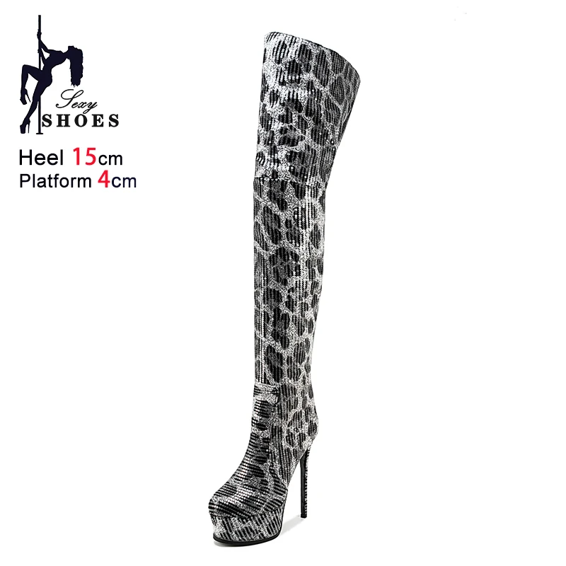 2025 Autumn Winter Over The Knee Round Toe Platform Boots 15CM Thin Heel Sexy Shoes Women's Nightclub Leopard print Thigh Boots